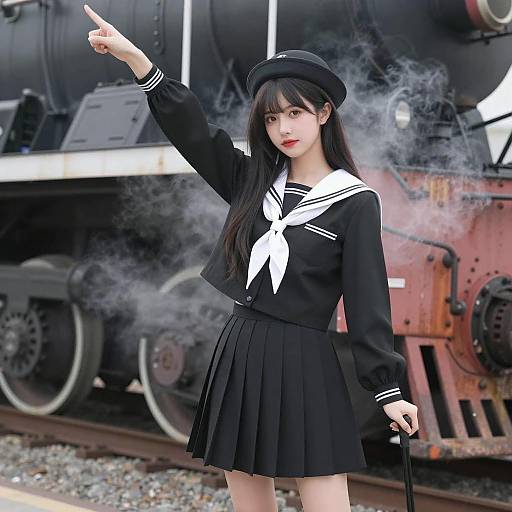 Young Woman in Black Sailor Uniform by Train