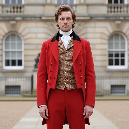 Photograph of a white man with curly brown hair, wearing a red coat, gold patterned vest, white cravat, and red trousers,