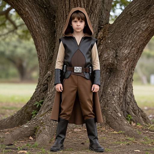 Photograph of a young boy with brown hair, wearing a medieval-style hooded brown and black outfit, standing in front of a large tree in a
