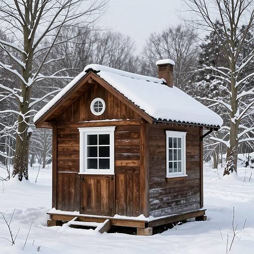 Photograph of a small, wooden cabin with snow-covered roof, white-trimmed windows, and circular window, set in a snowy forest.