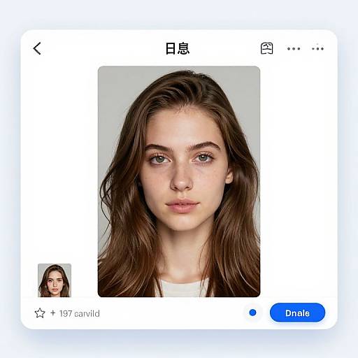 Photorealistic portrait of a young woman with fair skin, green eyes, and long brown hair, displayed in a messaging app interface.