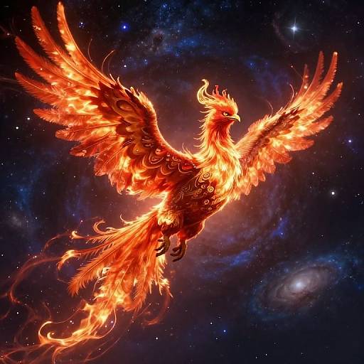 Digital art of a fiery, glowing phoenix with outstretched wings, blazing orange and red feathers, soaring through a starry, cosmic background with swirling