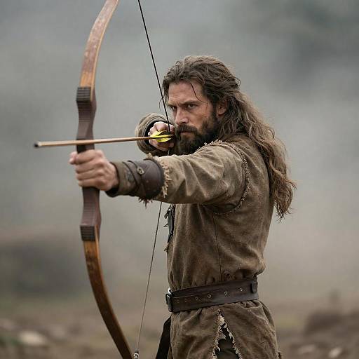 Rugged Bearded Archer Aiming Worn Bow