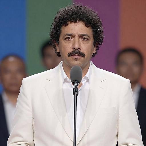 Man in White Suit at Microphone