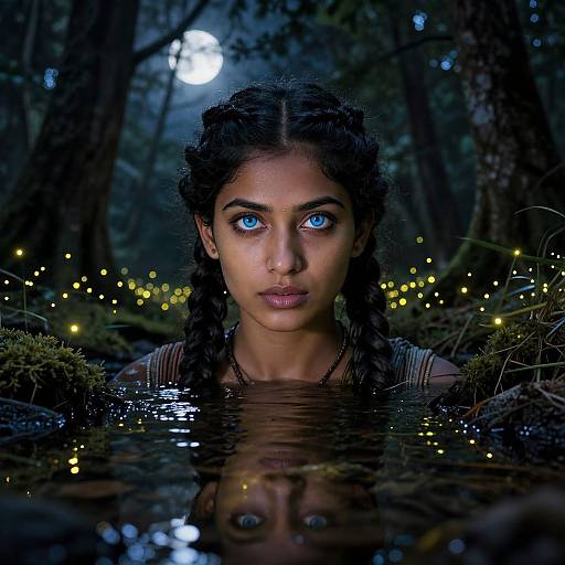 Photorealistic digital artwork of a young woman with striking blue eyes, dark braided hair, and reflective water, surrounded by glowing fireflies in a