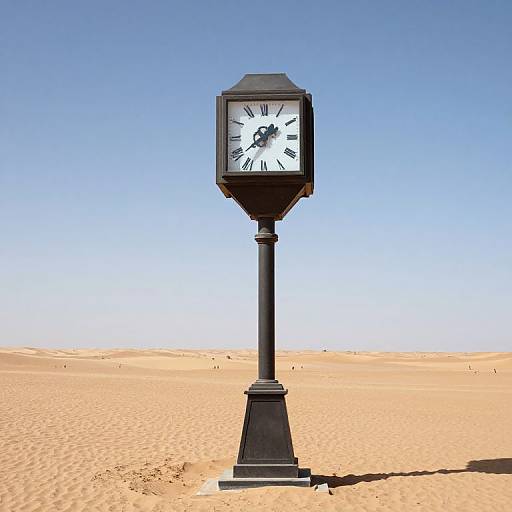 Photograph of a vintage-style black clock standing alone in a vast, sandy desert under a clear, bright blue sky.