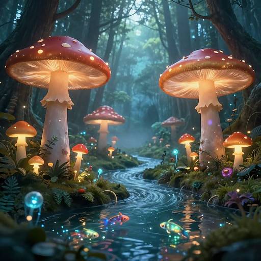 Digital fantasy art of a mystical forest with glowing mushrooms, bioluminescent plants, and a winding stream reflecting colorful lights.
