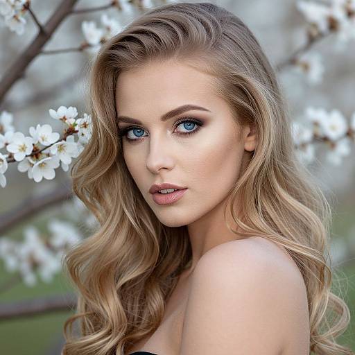 Photograph of a blonde woman with blue eyes, wavy hair, and fair skin, posing against a blurred background of white cherry blossoms.