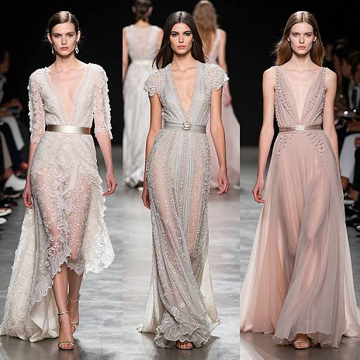 Photograph of three female models walking a runway in elegant, sheer, lace dresses: white, silver, and blush pink, with deep V-necks