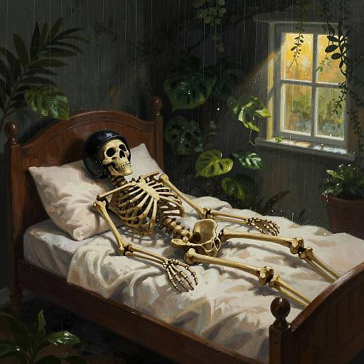 Digital painting of a skeleton lying on a white bed in a dark, rain-soaked room with green plants and a bright window.