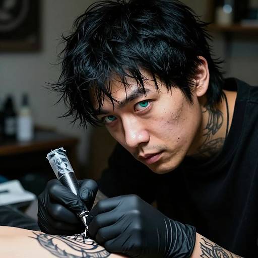 Photograph of an Asian tattoo artist with black hair and green eyes, wearing black gloves, intensely focusing on tattooing a tattooed client's arm.
