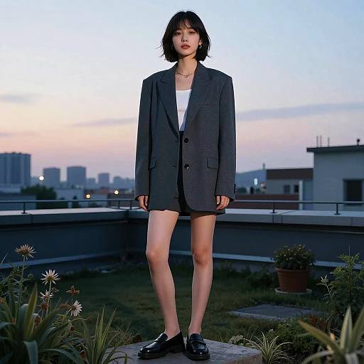 Young Woman in Oversized Suit on Rooftop at Sunset