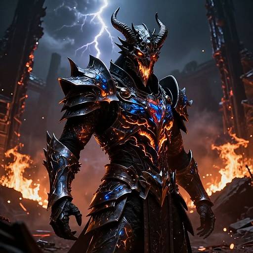 Digital artwork of a demonic, horned warrior in glowing, black, spiked armor with blue and orange highlights, standing amidst a fiery, lightning-struck