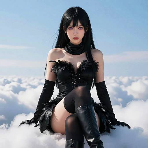 Digital art of a pale-skinned, black-haired woman in a black, feather-trimmed dress and thigh-high boots, sitting in a snowy landscape