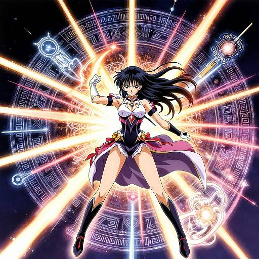 Anime-style digital drawing of a fierce, black-haired woman in a revealing magical outfit, surrounded by glowing, radiant energy and intricate magical symbols.