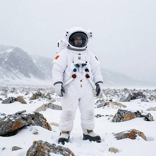 Astronaut in a Snowy Rocky Landscape
