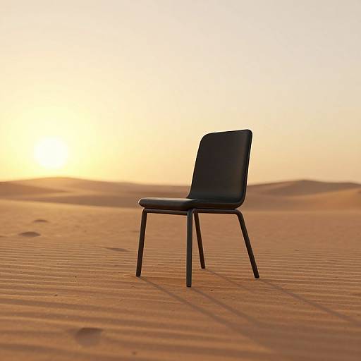 Photograph of a solitary black chair in a vast, sunlit desert with rippled sand and a golden sunset in the background.