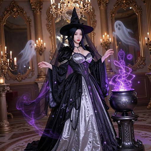 Digital art: Gothic witch in black dress and hat, glowing purple spell on cauldron, white ghosts, ornate chandelier-lit room.