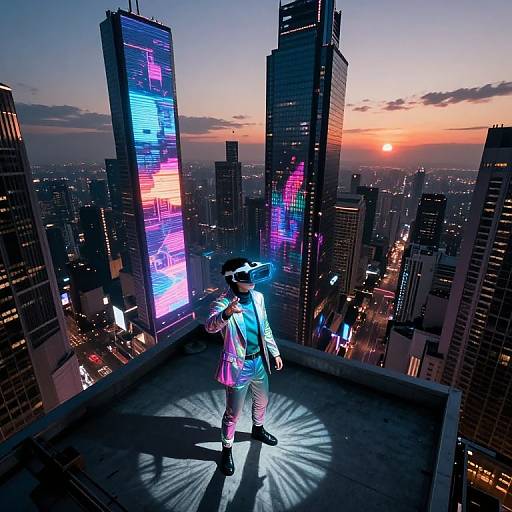 Digital artwork of a man in a neon suit and hat, standing on a rooftop at sunset, surrounded by illuminated skyscrapers.