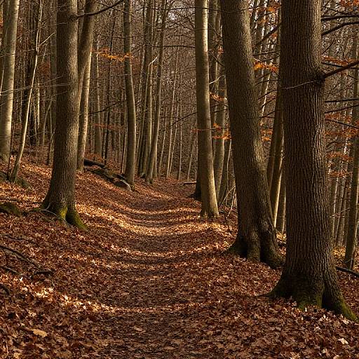 Photograph of a sunlit forest path covered in brown fallen leaves, surrounded by tall, leafless trees with textured bark.