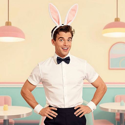 Photograph of a smiling, muscular man in a white shirt, black bow tie, white cuffs, and bunny ears, standing in a pastel-colored