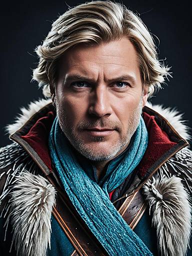 Photorealistic CGI portrait of a middle-aged man with blonde hair, blue eyes, fur-trimmed coat, red lining, and blue scarf,