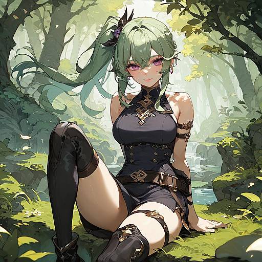 Anime-style digital artwork of a green-haired, purple-eyed girl with black outfit and thigh-high boots, sitting in a sunlit forest.