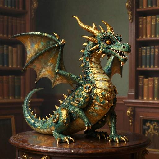 Photorealistic CGI of a green and gold mechanical dragon with intricate gears and spikes, sitting on a wooden table in a library with bookshelves in