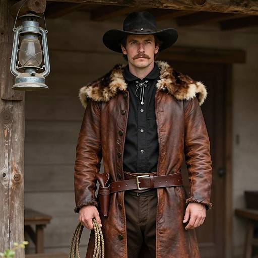 Western Cowboy in Leather Duster Coat