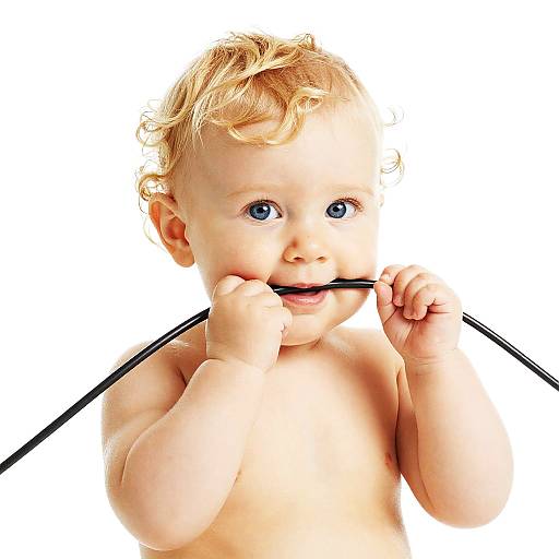 Curious Blonde Baby with Cord