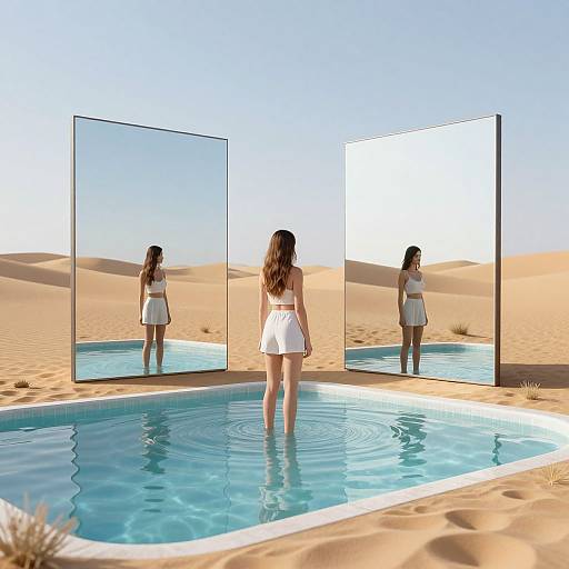 Digital art: Woman in white dress standing in blue pool, facing two large mirrors reflecting her back in desert landscape.