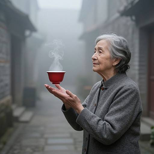 Photograph of an elderly Asian woman with gray hair, wearing a gray coat, holding a steaming red cup, standing in a misty, narrow