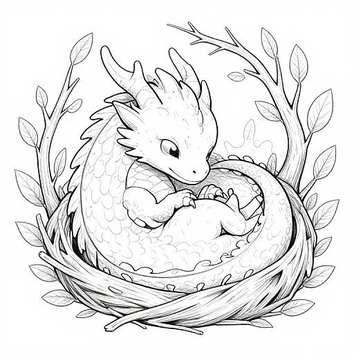 Black and white digital drawing of a curled dragon with leafy nest, resting peacefully, claws gently holding its belly.