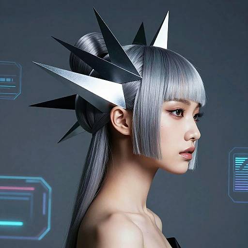 Digital art of a futuristic woman with silver hair in a bun, wearing a black and white star-shaped headpiece, against a dark, tech-themed background