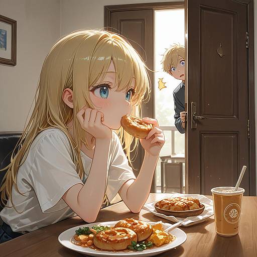 Blonde Girl Eating Donuts While Boy Watches