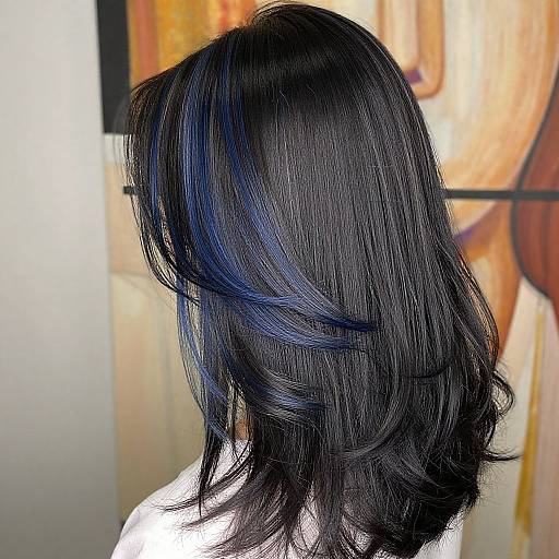 Photograph of a woman's shoulder-length, wavy black hair with blue highlights, viewed from the back, against a blurred abstract orange and brown background