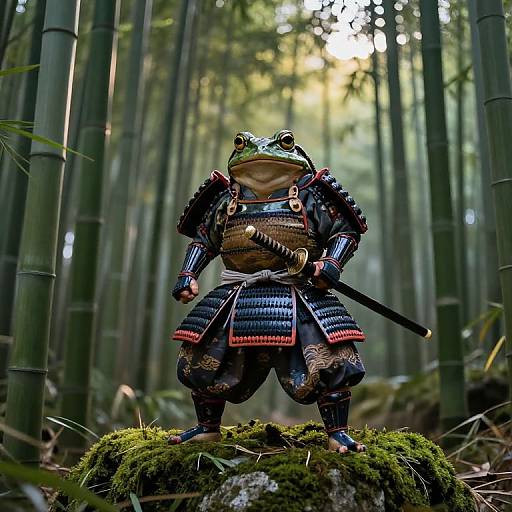 Photograph of a frog in samurai armor, standing on mossy log in bamboo forest, holding a sword, sun filtering through trees.