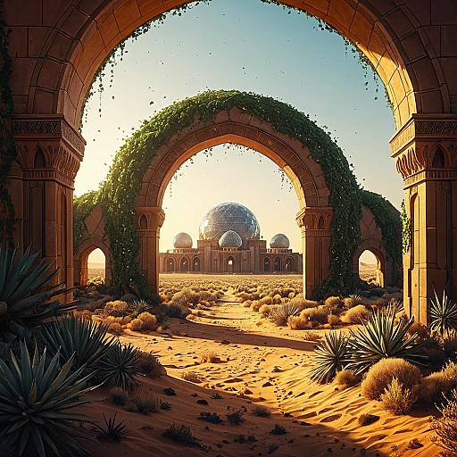 Crystalline Desert with Geodesic Domes and Vine-Covered Archways