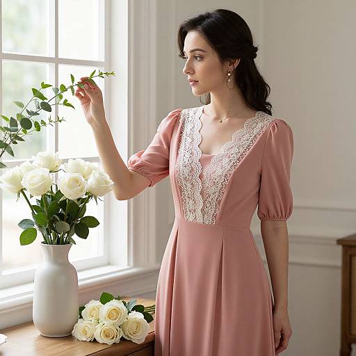 Photograph of a woman with dark hair, wearing a pink lace-trimmed dress, gently touching white roses in a vase by a sunlit window