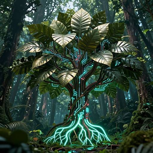 Futuristic Cyber Tree with Bioluminescent Roots