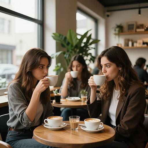 Photograph of two women with long brown hair, sipping coffee at a cozy café, wearing grey and brown blazers, surrounded by plants and soft