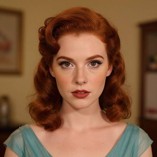 Photograph of a fair-skinned woman with vintage-style red curls, wearing a teal dress, with dramatic eyeliner and red lipstick, against a softly
