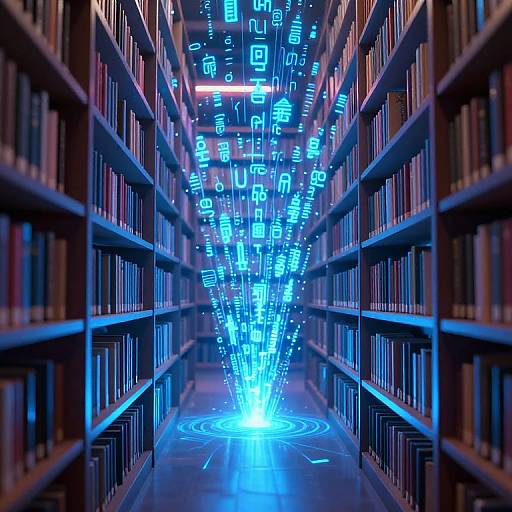 Digital artwork of a library aisle with glowing blue neon codes and symbols descending from the ceiling, illuminating the central floor.
