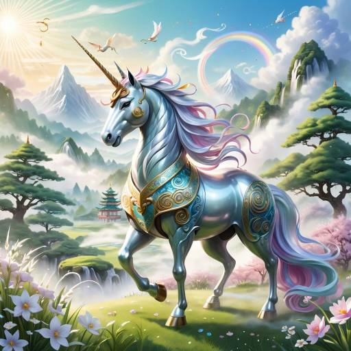 Majestic Unicorn Guardian in Tranquil Meadow Majestic Unicorn Guardian in Tranquil Meadow