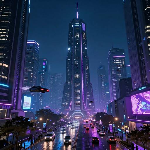 Neon-lit, futuristic cityscape at night; tall skyscraper with glowing purple accents dominates the scene, surrounded by illuminated buildings and busy street with