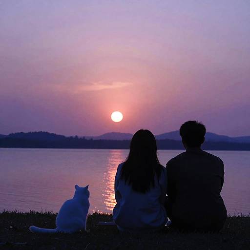 Couple and Cat Watching Sunset by Lake