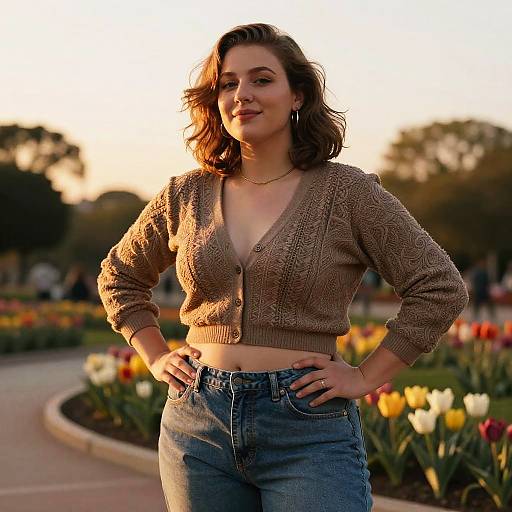 Photograph of a smiling woman with wavy brown hair, wearing a brown knit cardigan and blue jeans, standing in a blooming garden at sunset