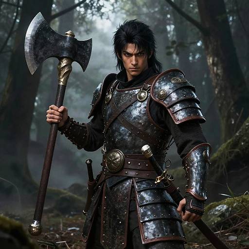 Digital artwork of a fierce, dark-haired man in shiny, medieval-style armor holding a large, ornate battle axe in a misty forest.