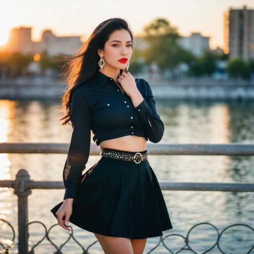 Stylish woman posing near waterfront at sunset