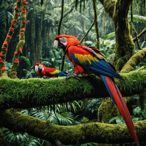 Scarlet Macaw and Jaguar in Rainforest